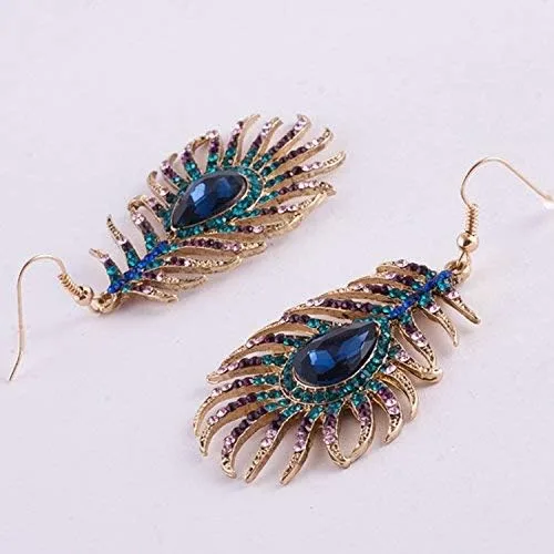 Vista 4 de Frogwill Pendientes colgantes de cristal para mujer con diseño de plumas de pavo real