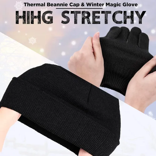 Vista 6 de Juego de 12 gorros y guantes de invierno para hombres y mujeres, gorro de punto cálido, 6 pares, guantes de invierno unisex, 6 sombreros cálidos