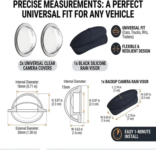 Vista 3 de Combo universal de protección contra la lluvia para cámara de respaldo, protector de residuos y cubierta de lente transparente, visera solar de Negro