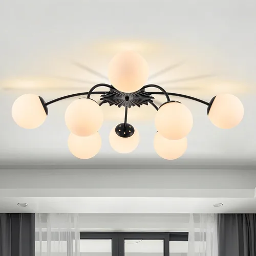 Vista 17 de Longree Sputnik - Lámpara de techo semiempotrada con forma de globo de vidrio de leche de 6 luces, color dorado, arte de mediados de siglo, moderna