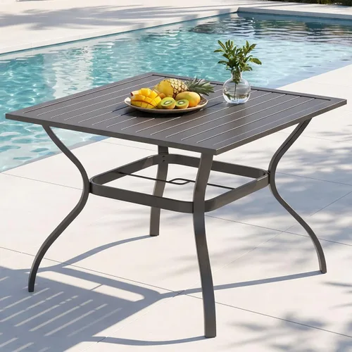 Vista 14 de PHI VILLA - Mesa de comedor al aire libre de 37 pulgadas, mesa de patio con malla de acero de metal, mesa de comedor con orificio para paraguas