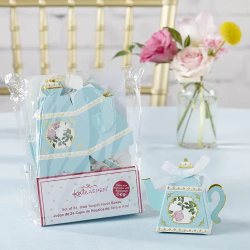Vista 3 de Kate Aspen, Colección vintage floral para fiesta de té, tetera, tamaño único, lámina azul y dorada (28592NA), caja de recuerdo de tetera con lámina