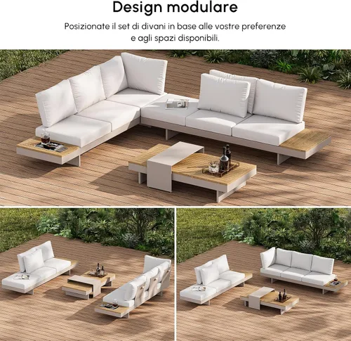 Vista 2 de Homary Set of 6 Aluminium Teak Outdoor L-Shaped Sectional Sofa with Adjustable Backrests, Waterproof and Fade Resistant Cushions