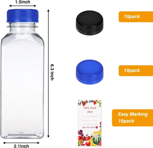Vista 2 de SUPERLELE 10 botellas de plástico para jugo de 12 onzas con 10 tapas negras y 10 tapas azules, recipientes de jugo reutilizables con tapas