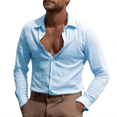 Vista 7 de Camisa de manga larga con botones para hombre, de verano, casual, de algodón, sin tapar, para playa, hippie, transpirable, de secado rápido