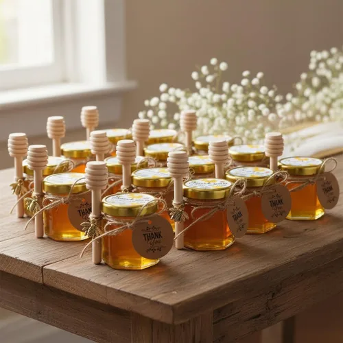 Vista 7 de Adabocute Mini tarros de miel – Tarro hexagonal de miel de vidrio con tapas doradas, cubos de madera, abalorios de abeja y yutes – Pequeños tarros