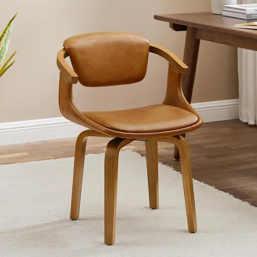 Vista 11 de Zouron Silla de escritorio sin ruedas, moderna silla de oficina de madera, silla de cuero sintético con brazo para sala de estar, dormitorio