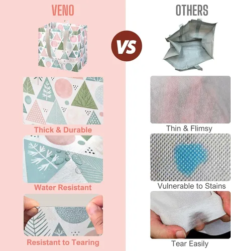 Vista 6 de VENO Paquete de 4 bolsas de comestibles reutilizables de Navidad, bolsas de compras resistentes con asas, para carrito de compras con parte inferior