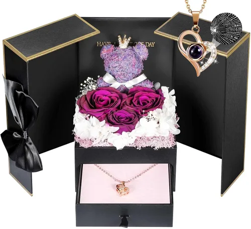 Vista 26 de AddWel Regalos de rosas para mujer, rosas azules reales preservadas con collar I Love You en 100 idiomas y lindo oso de musgo para novia, esposa