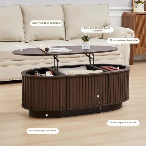 Vista 5 de Mesa auxiliar ovalada de 43.3 pulgadas con almacenamiento, mesa de centro acanalada con parte superior elevable, mesa central moderna de mediados