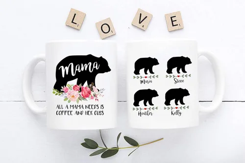 Vista 2 de Taza personalizada con oso para mamá, regalo personalizado para Día de la Madre o cumpleaños, de parte de hija o hijo, incluye hasta 9 nombres, taza