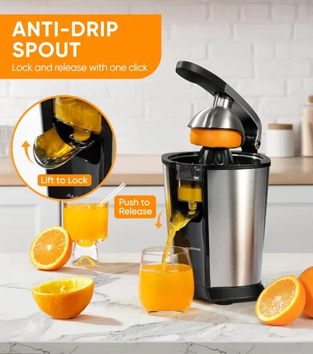 Vista 4 de exprimidor de naranja eléctrico, exprimidor de cítricos con 2 conos y mango de agarre suave para exprimir sin esfuerzo, máquinas extractoras de jugo