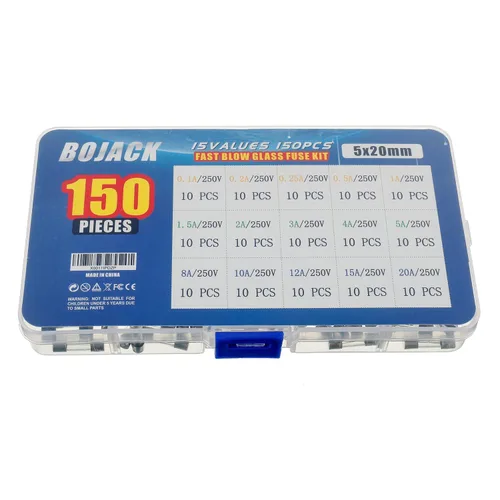 Vista 6 de BOJACK 15 Valores 150 piezas de fusibles de vidrio de soplado rápido Kit surtido 0.197x0.787 in 250 V 0.1 0.2 0.25 0.5 1 1.5 2 3 4 5 8 10 12 15 20 A