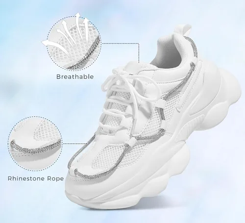 Vista 3 de LUCKY STEP Zapatos deportivos gruesos de los años 90 para mujer, con plataforma de cuerda con diamantes de imitación brillantes, casuales, gruesos