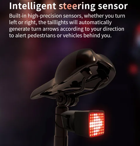 Vista 6 de TUYA - Luz trasera inteligente para bicicleta, sensor de encendido/apagado automático y freno, luz trasera de bicicleta con señal de dirección