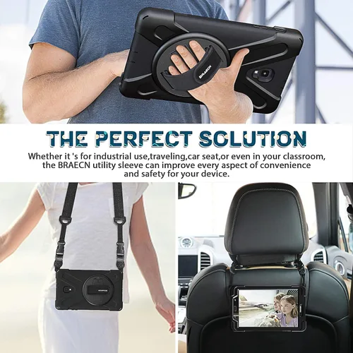 Vista 7 de Galaxy tab A 8.0 2017 estuche (SM-T380 / T385), BRAECN tres capa resistente de parachoques duro de silicona suave con 360 grados pie de apoyo Negro