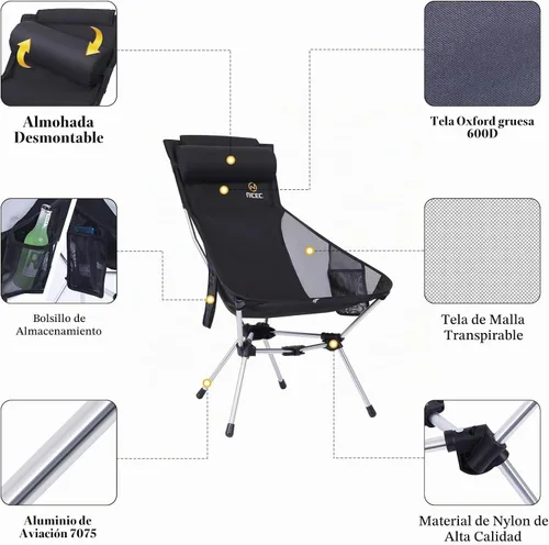 Vista 4 de Nice C - Silla de campamento ultraligera y compacta con respaldo alto (1 negro) Silla de senderismo plegable, silla plegable, silla de festival
