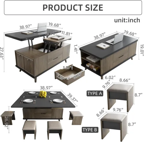 Vista 2 de Mesa de centro elevable con 4 taburetes de poliuretano, mesa de centro clásica de color negro con contraste marrón que se convierte en mesa