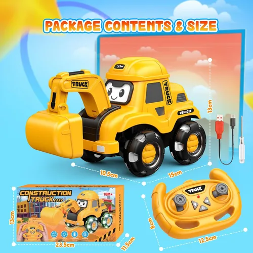 Vista 6 de Excavadora de control remoto para niños pequeños con ruedas iluminadas intermitentes, camión de construcción recargable por USB con cubo