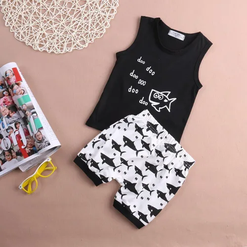 Vista 4 de Conjunto de ropa para bebé y niña, diseño de tiburón y Doo Doo, de algodón, sin mangas, conjunto de tops y pantalones cortos