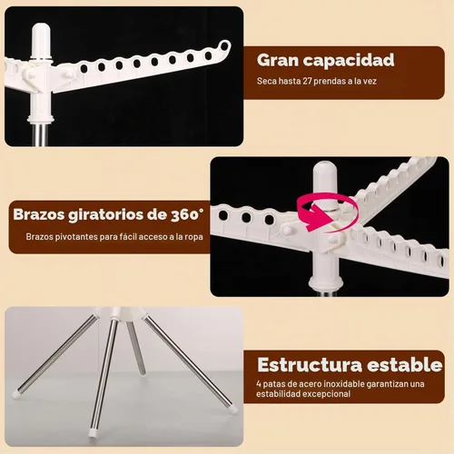 Vista 3 de Tendedero de secado de ropa giratorio y plegable de 2 capas de acero inoxidable de 75 pulgadas con 6 brazos giratorios, soporte independiente de 4