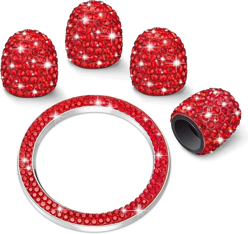 Vista 10 de WINKA 4 tapones para válvula de neumático de automóvil con diamantes de imitación, 1 cubierta de botón de motor de automóvil, anillo de encendido