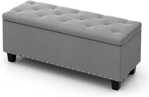 Vista 8 de MoNiBloom Otomana de 42 pulgadas de largo con almacenamiento, taburete de lino negro tapizado de espuma acolchada de tela rectangular con reposapiés