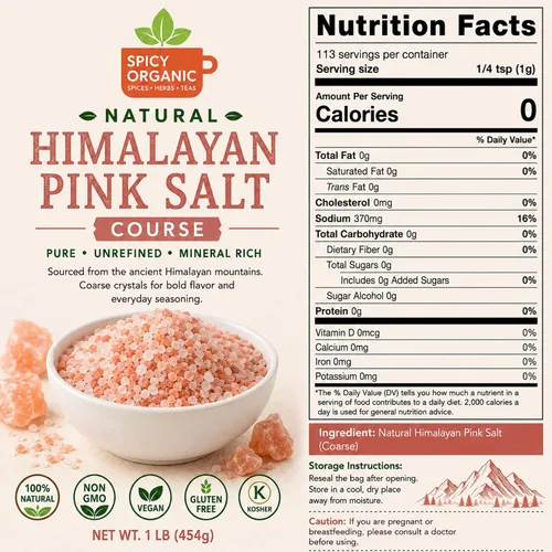 Vista 2 de SPICY ORGANIC Sal natural del Himalaya sin OMG, sal rosa del Himalaya sin gluten, rica en 80 minerales y elementos, 4 onzas.