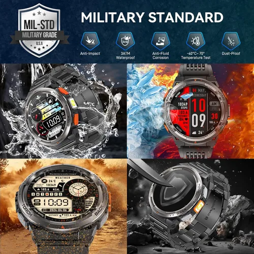 Vista 3 de Relojes inteligentes militares para hombres con linterna LED, reloj inteligente táctico resistente con 1.45 pulgadas HD, 3ATM impermeable y brújula