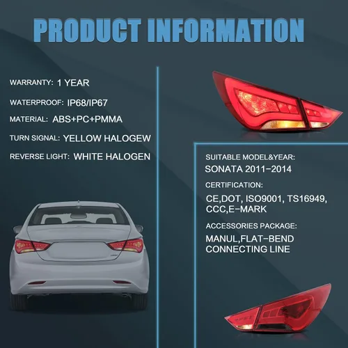 Vista 8 de VLAND Conjunto de luces traseras para Hyundai Sonata 6ª generación 2011-2014, Plug-and-play, rojo y ahumado