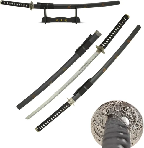 Vista 10 de MASTER USA - Espada Katana tallada a mano con código Samurai Bushido en vaina, acero 1045, 41.5 pulgadas en total, incluye soporte de exhibición