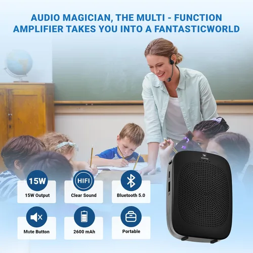 Vista 3 de Amplificador de voz Bluetooth con micrófono inalámbrico con gancho para la oreja, micrófono inalámbrico con combo de altavoces, mini megáfono