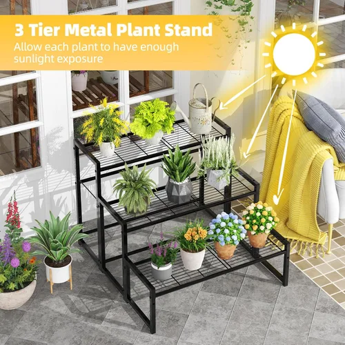 Vista 2 de Simple Trending Soporte de metal de 3 niveles para plantas al aire libre e interior, impermeable, apilable, resistente, estante alto para plantas