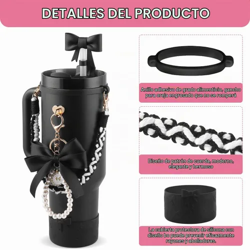 Vista 2 de Set de accesorios negros para vaso Stanley, correa para asa de botella de agua, funda de silicona, cubierta de pajita con lazo, dijes de perla, tapa