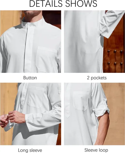 Vista 5 de YAOHUOLE Men Islamic Caftan Thobe Big and Tall Kaftan with Pocket Mens Arab Kaftan Thobe Blanco puro