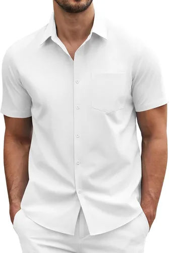 Vista 29 de COOFANDY: camisa casual de manga corta con botones para hombre, de negocios, sin doblar con bolsillo