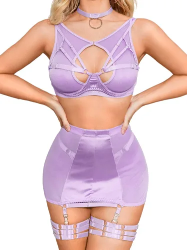 Vista 8 de Kaei&Shi Lencería de liguero para mujer, falda de cintura alta con tiras en G, 4 piezas, sexy, exótica, conjunto de lencería boudoir Negro