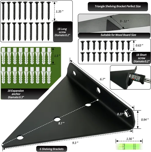 Vista 2 de Paquete de 6 soportes flotantes triangulares de 9 x 6.7 pulgadas, soportes de estantes flotantes ocultos negros para montaje en pared de metal