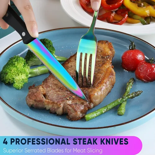 Vista 4 de Hiware Juego de cubiertos de 48 piezas de arcoíris con cuchillos de carne para 8, cubiertos de acero inoxidable para el hogar, cocina, restaurante