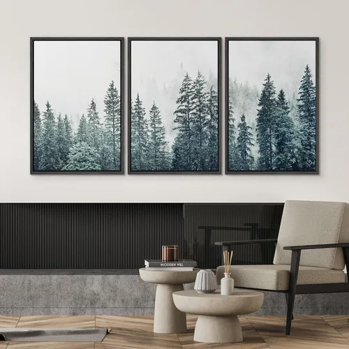 Vista 2 de SIGNWIN - 3 cuadros en lienzo enmarcados, modernos, elegantes, de textura de grano, pinos de montaña con niebla y naturaleza silvestre para sala