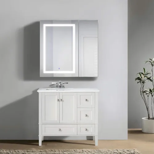 Vista 2 de Krugg Botiquín LED de 36 x 36 pulgadas Armario de espejo empotrado o de montaje en superficie con atenuador y desempañador + 3 espejos
