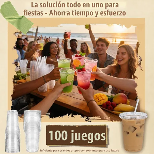 Vista 5 de Zcaukya Paquete de 100 vasos de plástico de 16 onzas con tapas y pajitas