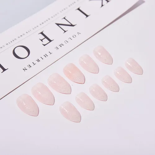Vista 4 de Foccna Uñas postizas a presión medianas, uñas postizas de color rosa, uñas postizas cortas acrílicas de almendra, uñas artificiales para mujeres