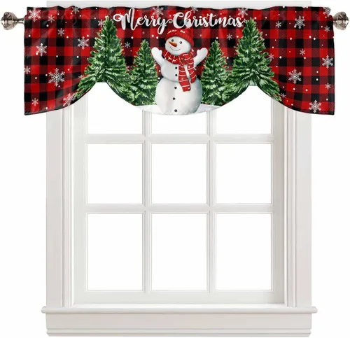 Vista 30 de Cenefa de cortina con lazo rojo de Navidad para ventanas, sala de estar, cocina, baño, granja, bolas de Navidad de acuarela con diseño de bayas