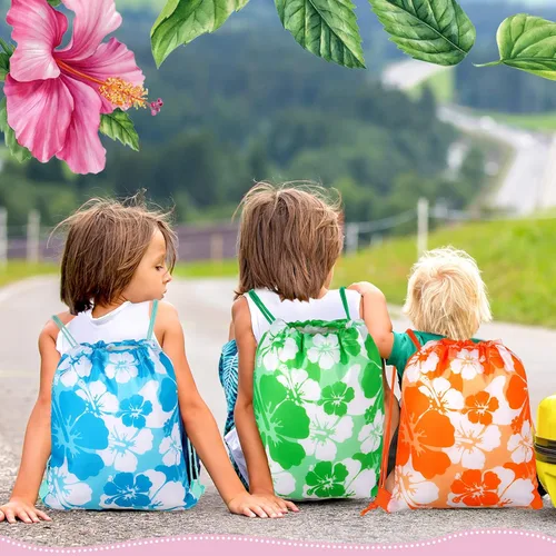 Vista 5 de Teling - 14 mochilas de hibisco, bolsas de recuerdos de fiesta con temática hawaiana con cordón Tiki Luau Treat Hawaii, bolsa de regalo tropical