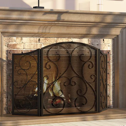 Vista 2 de Pantalla para chimenea Fire Beauty de 3 paneles, hierro forjado de metal, 121,9 cm (L) x 76,2 cm (H), cubierta protectora contra chispas (negro)