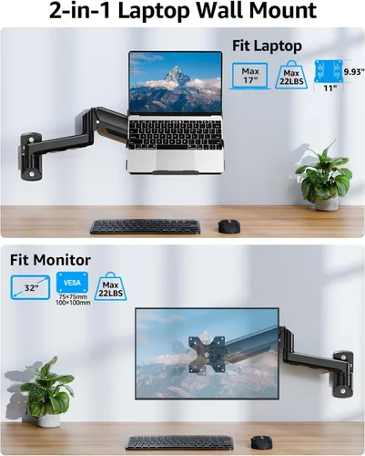 Vista 2 de MOUNTUP Soporte de pared para laptop, soporte ajustable para laptop de máximo 17" notebook o monitor máximo de 32", soporte de pared para laptop