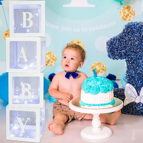 Vista 5 de Sratte Caja de globos con letras y números, cajas de bloques transparentes con luces LED para decoración de fiesta de ducha, cumpleaños, boda Blanco