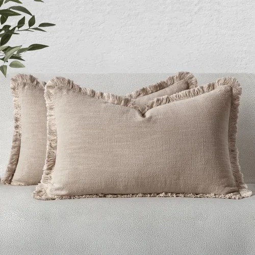Vista 14 de MIULEE Juego de 2 fundas de almohada decorativas de lino neutro con flecos, fundas de cojín de estilo bohemio con borlas para sofá, cama, sala