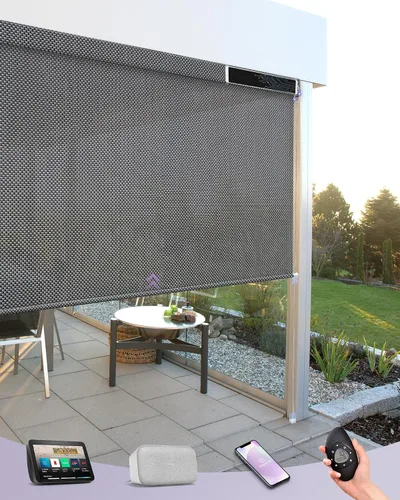 Vista 17 de Graywind Persianas enrollables motorizadas para exterior para patio compatibles con Alexa Google, cortinas solares inteligentes para exteriores